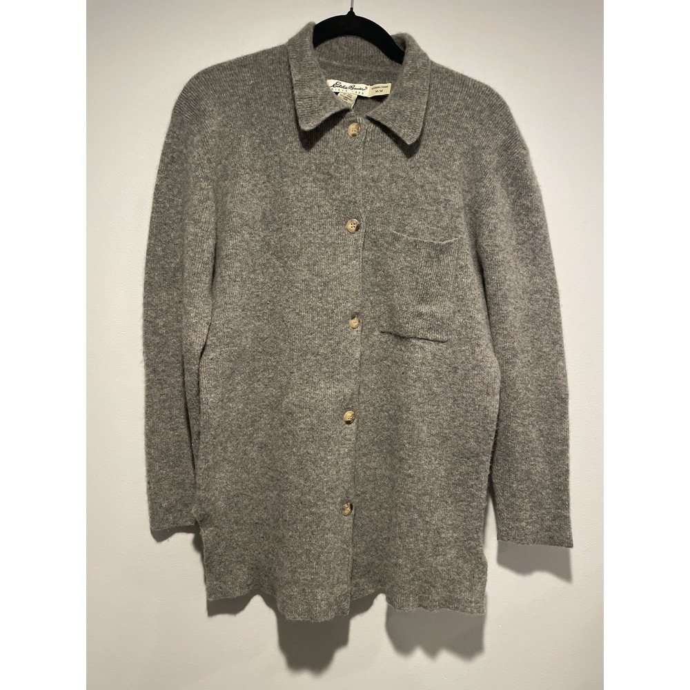 VTG Eddie Bauer 100% Lambswool Cardigan Sweater Women M Gray Button Down Collar